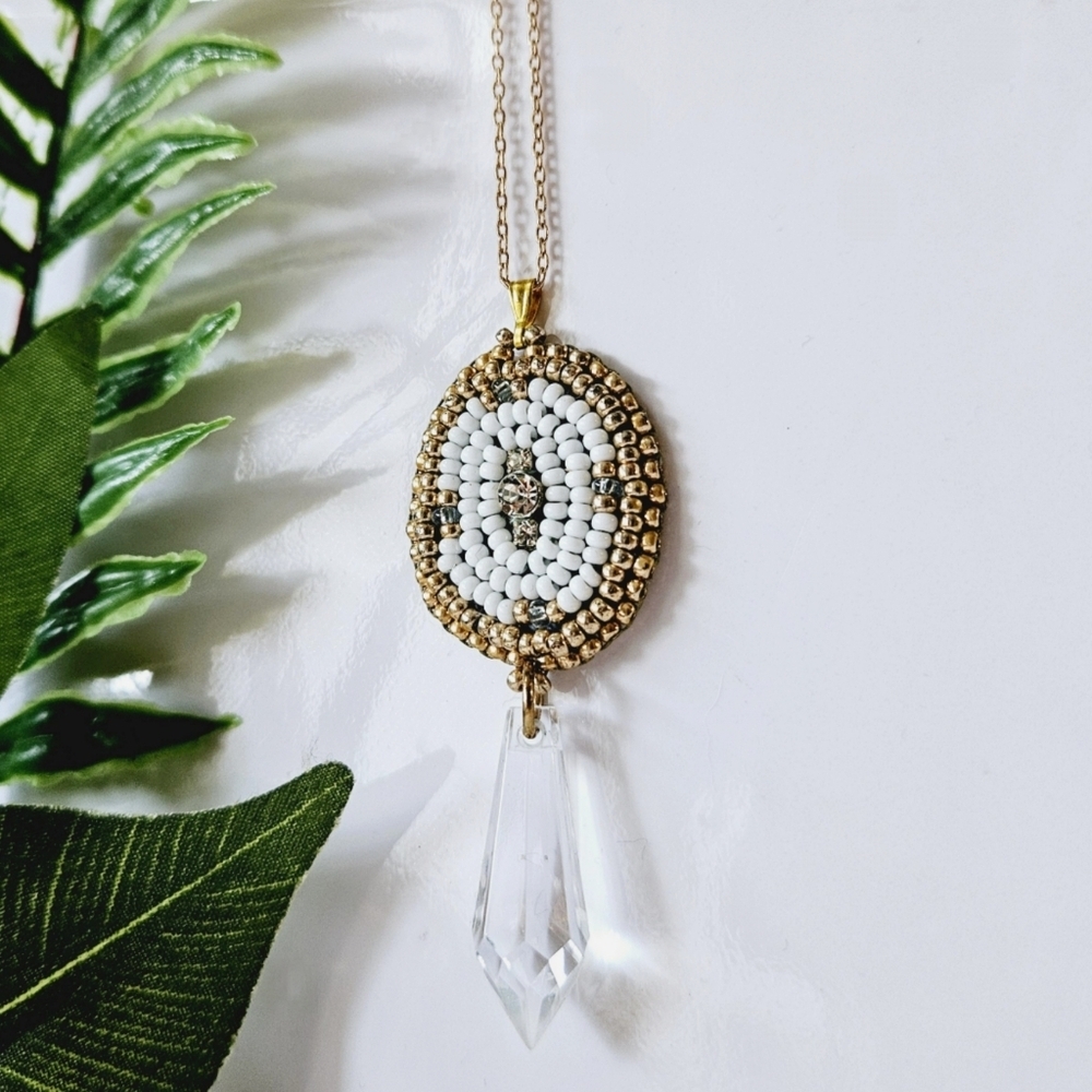2/$27 | White + Crystal Beaded Indigenous Necklace | Handmade Jewelry